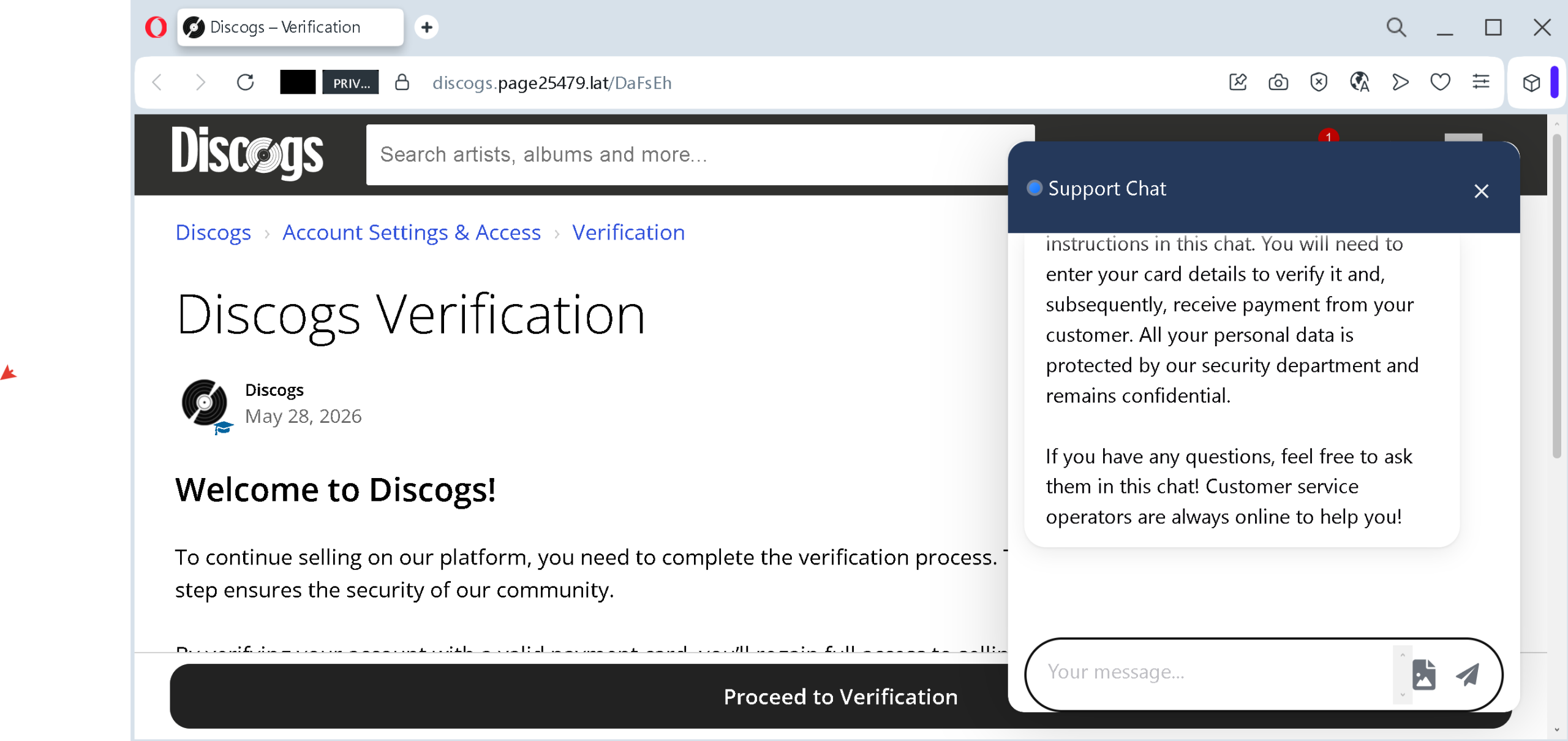 Actual screenshot 2 of "The Phantom Verification: How Discogs Sellers Are Tricked Into Handing Over Their Payment Cards" phishing interface captured during link moderation on our platform. 