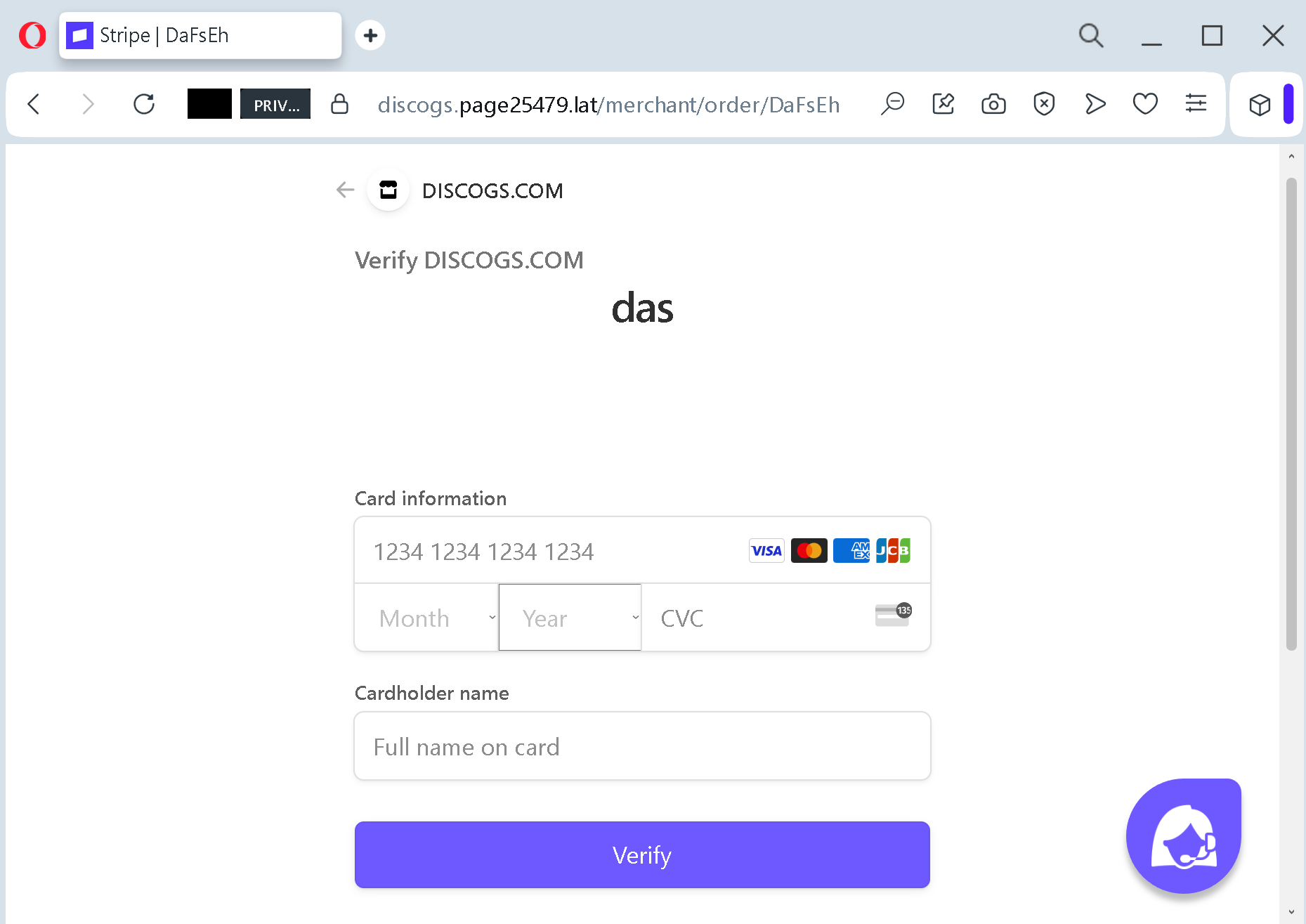 Actual screenshot 3 of "The Phantom Verification: How Discogs Sellers Are Tricked Into Handing Over Their Payment Cards" phishing interface captured during link moderation on our platform. 