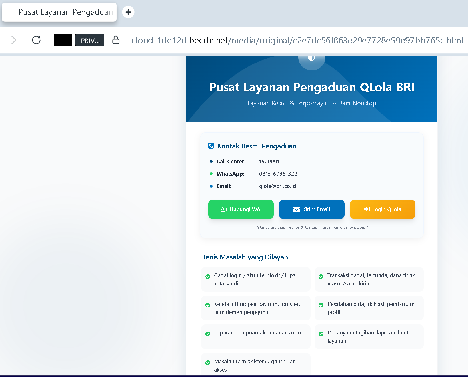 Actual screenshot of "That “Official” BRI Complaint Center Just Stole Rp 2.3 Billion From a Business Owner – Here Is How You Avoid the Same Fate" phishing interface captured during link moderation on our platform. 