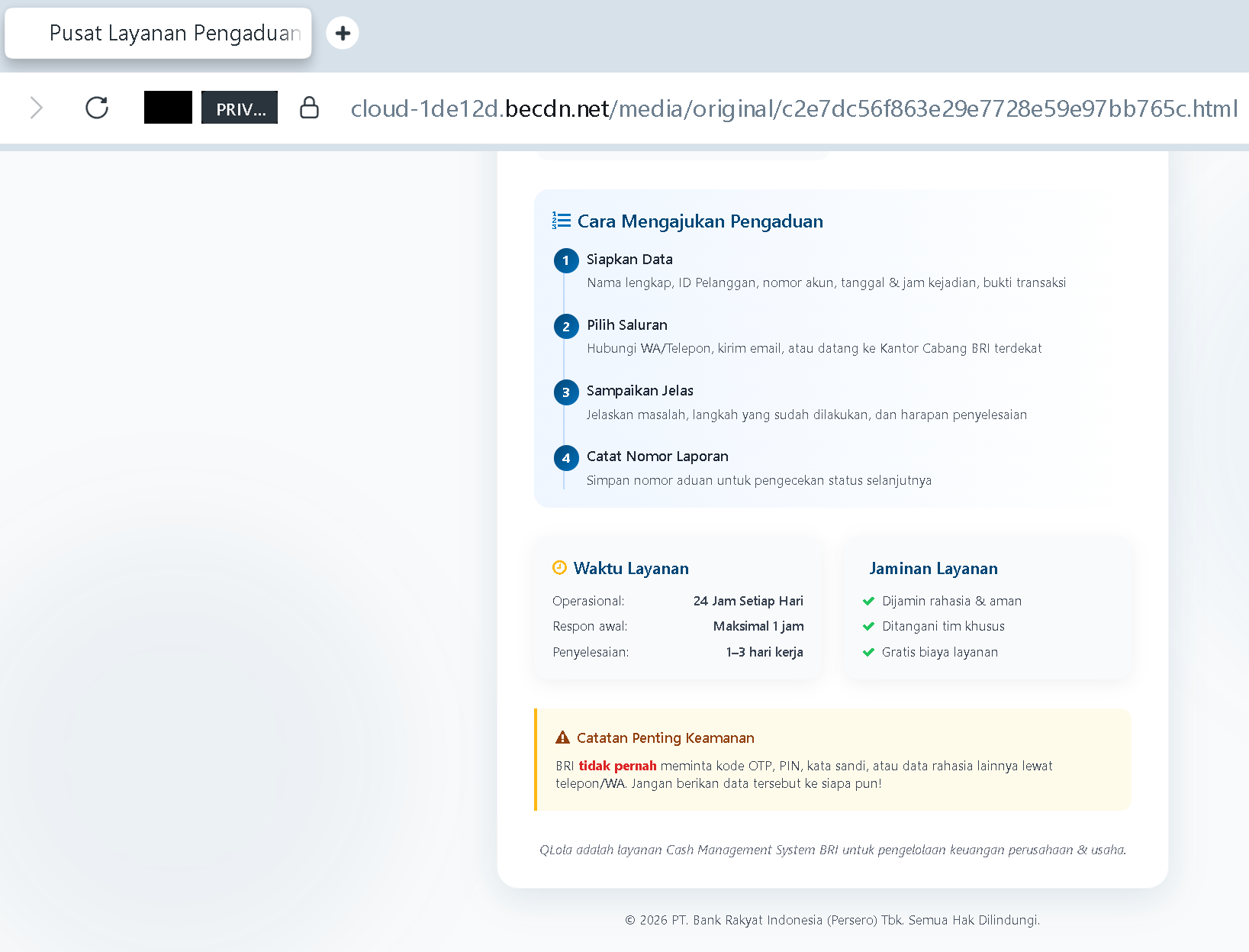 Actual screenshot 2 of "That “Official” BRI Complaint Center Just Stole Rp 2.3 Billion From a Business Owner – Here Is How You Avoid the Same Fate" phishing interface captured during link moderation on our platform. 