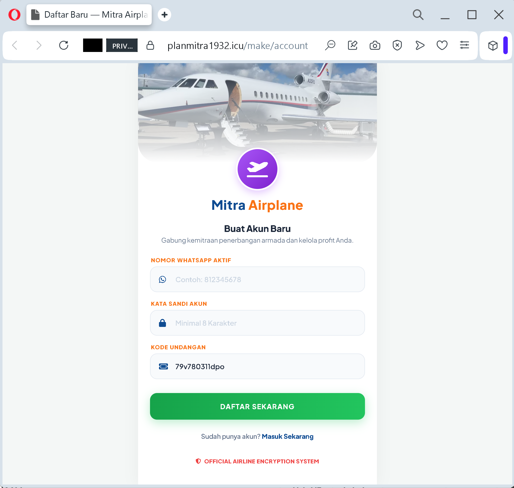 Actual screenshot of "Training Module: How to Recognize an “Aviation Partnership” Scam – A Case Study of Mitra Airplane" phishing interface captured during link moderation on our platform. 